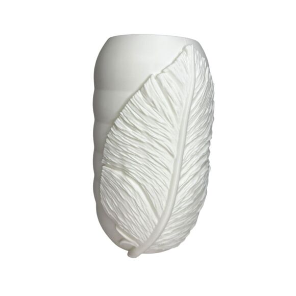 White Feather Embossed Vase Textured Plastic Style Boho Minimalist Home Decor 8" - Picture 1 of 8